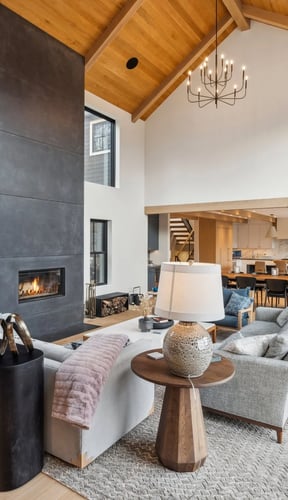 Stowe Woods great room with vaulted ceiling and fireplace